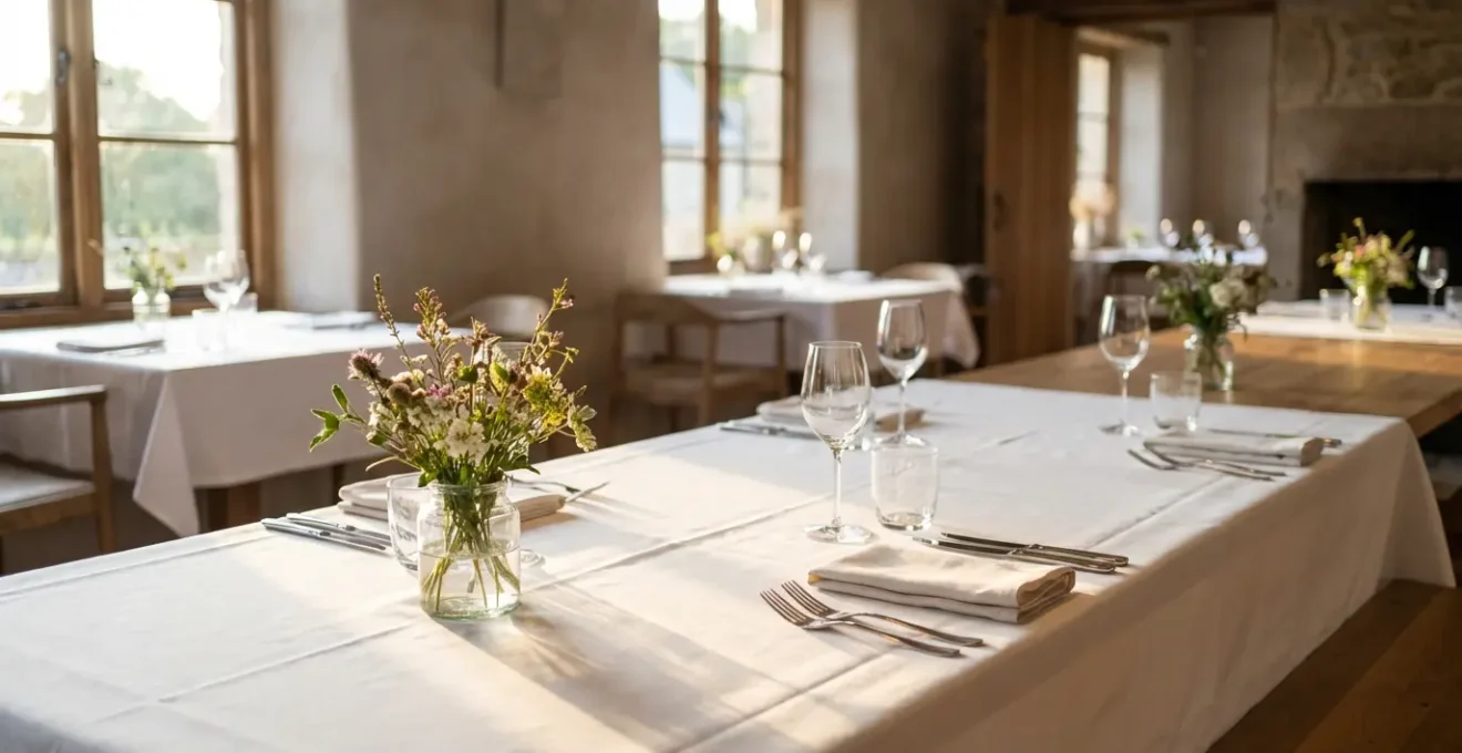 Table de restaurant gastronomique avec nappe blanche immaculée, atmosphère élégante et vaisselle haut de gamme