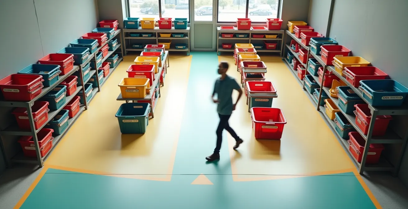 Vue aérienne d'une zone de réception organisée avec système de bacs colorés pour la gestion des livraisons multiples