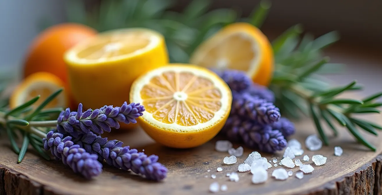 Composition macro de plantes méditerranéennes avec lavande, agrumes et bois flotté évoquant l'identité marseillaise