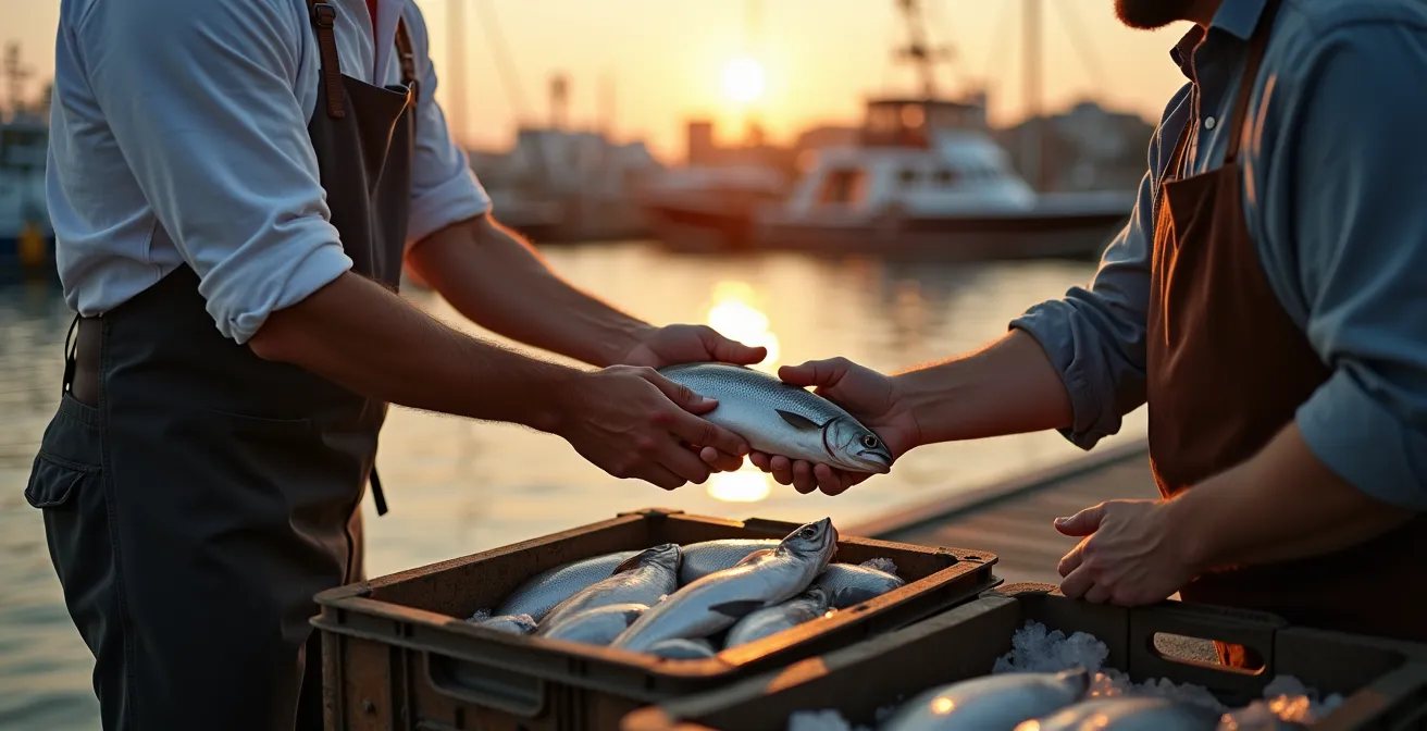 Pêcheur présentant sa prise du jour à un chef sur un quai au lever du soleil
