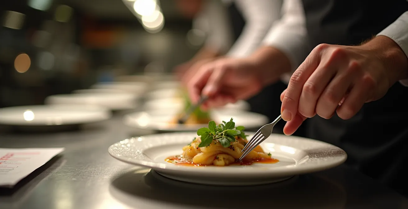 Vue macro détaillée du passe-plat avec un chef orchestrant le service comme une tour de contrôle