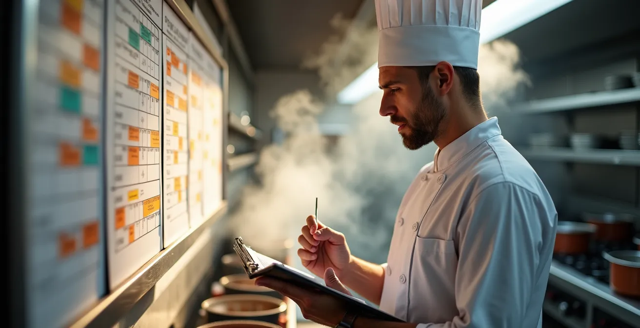 Vue d'ensemble d'une cuisine centrale avec zones de production organisées par temporalité