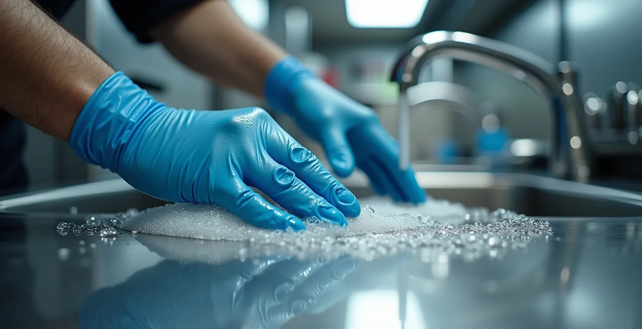 Gros plan macro sur les mains d'un plongeur professionnel nettoyant méticuleusement de la vaisselle en cuisine