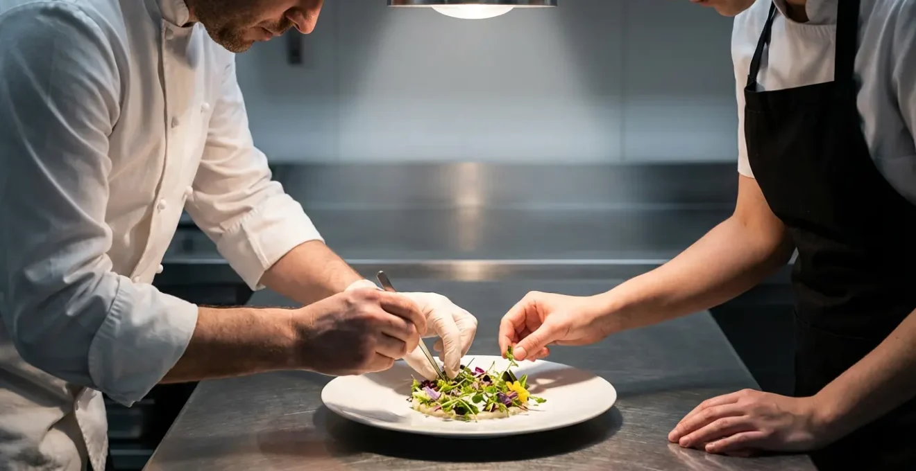 Serveur apprenant les techniques de dressage avec un cuisinier dans une cuisine de restaurant