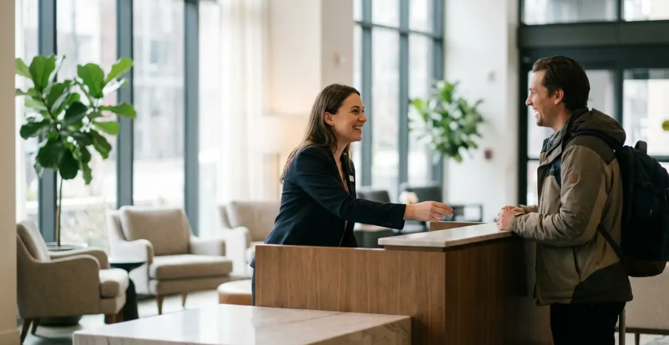 Scène d'accueil dans un hôtel moderne avec interaction entre réceptionniste et client