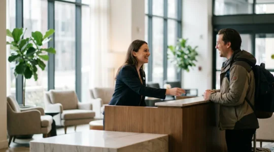 Scène d'accueil dans un hôtel moderne avec interaction entre réceptionniste et client
