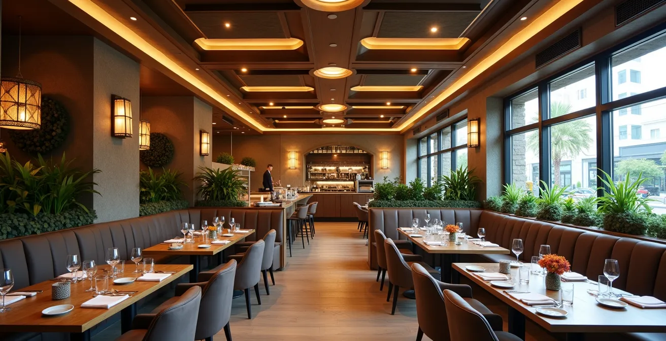 Intérieur de restaurant bistronomique avec espaces séparés pour différents types de clientèle