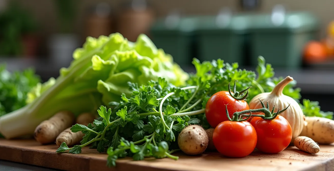 Cuisine de restaurant moderne avec système de compostage et approvisionnement local visible