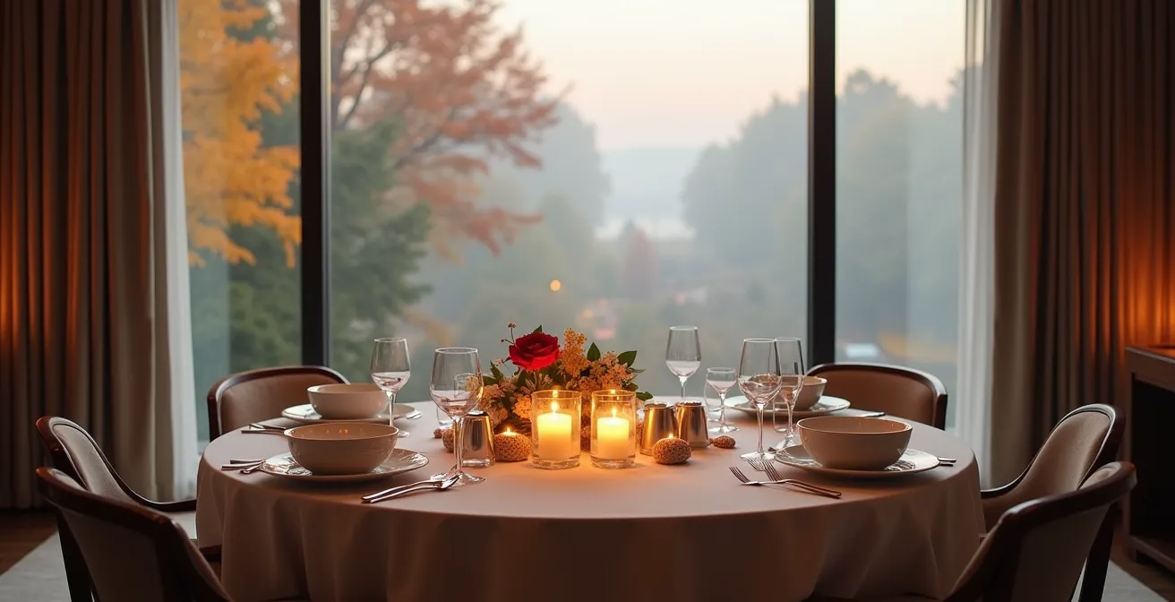 Ambiance chaleureuse d'une expérience gastronomique exclusive en chambre d'hôtel pendant la basse saison