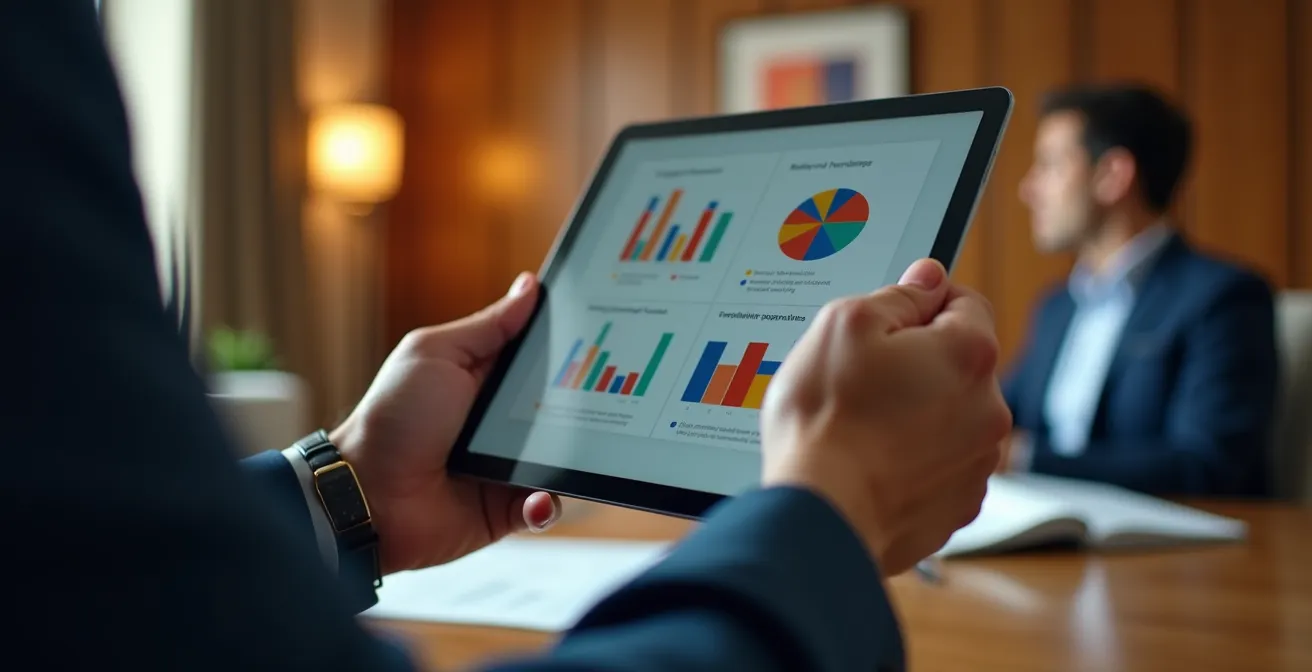 Équipe marketing d'hôtel analysant des profils d'influenceurs sur tablettes et ordinateurs