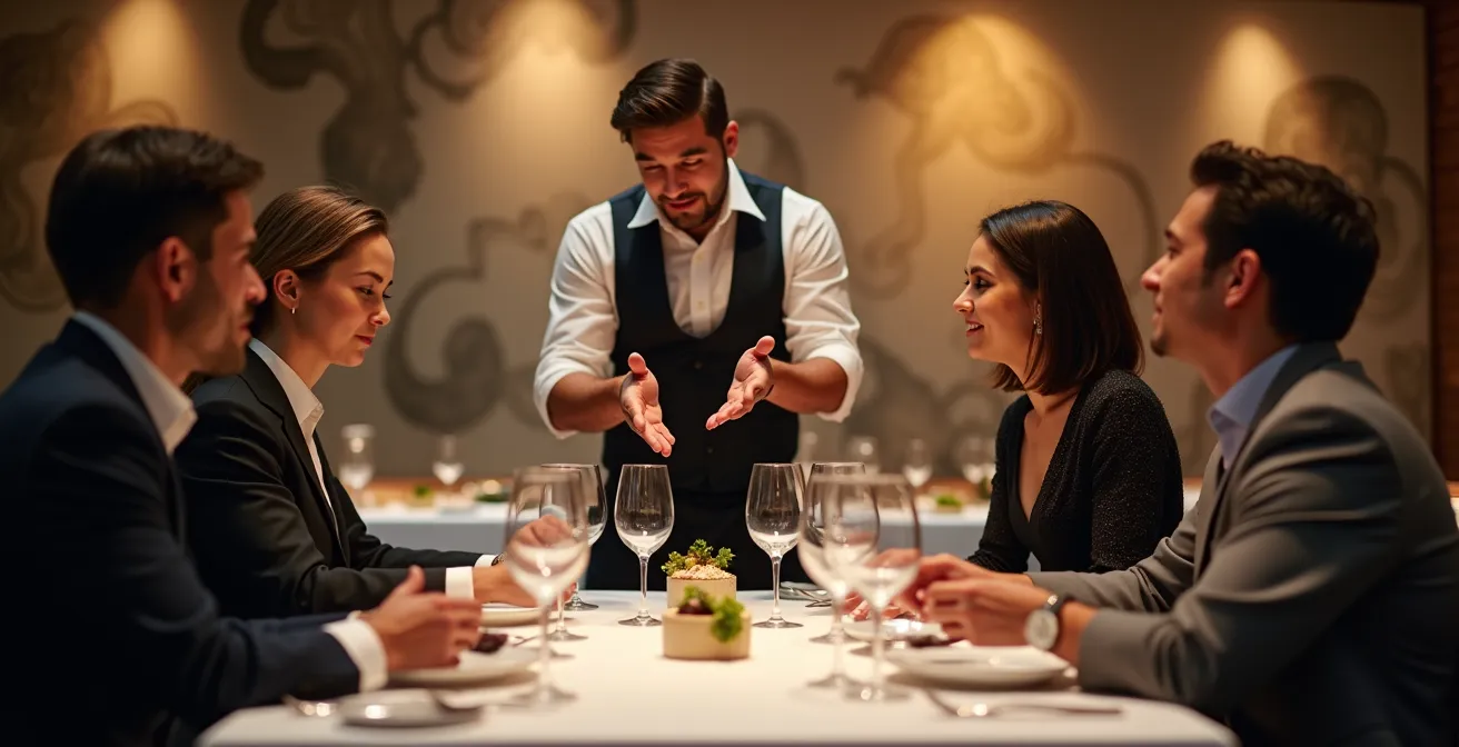 Serveur professionnel présentant un plat à des clients attentifs