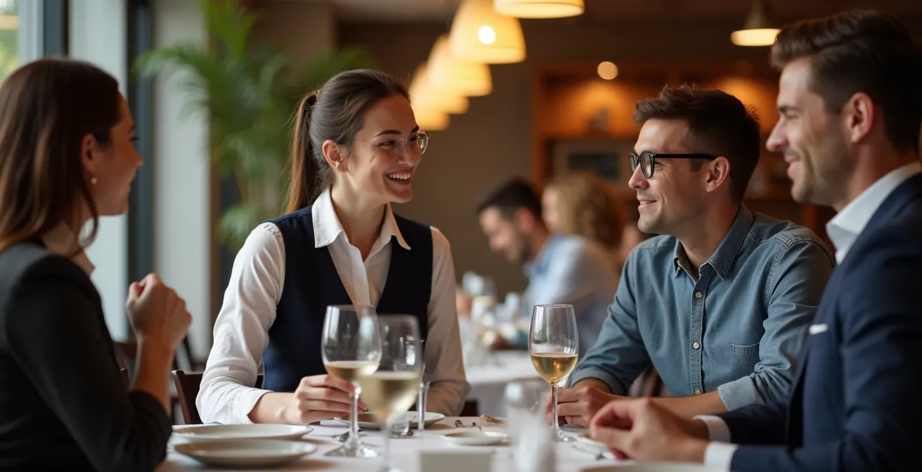 Serveur en interaction élégante avec des clients attablés