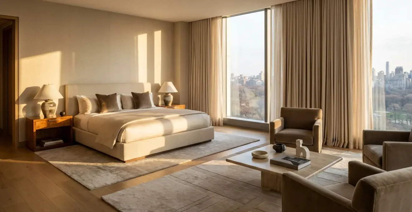 Vue élégante d'une suite d'hôtel avec atmosphère luxueuse et accueillante