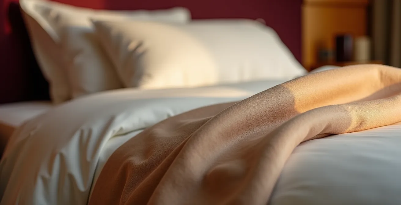 Vue macro d'une literie de luxe avec textures de tissus premium dans une suite d'hôtel