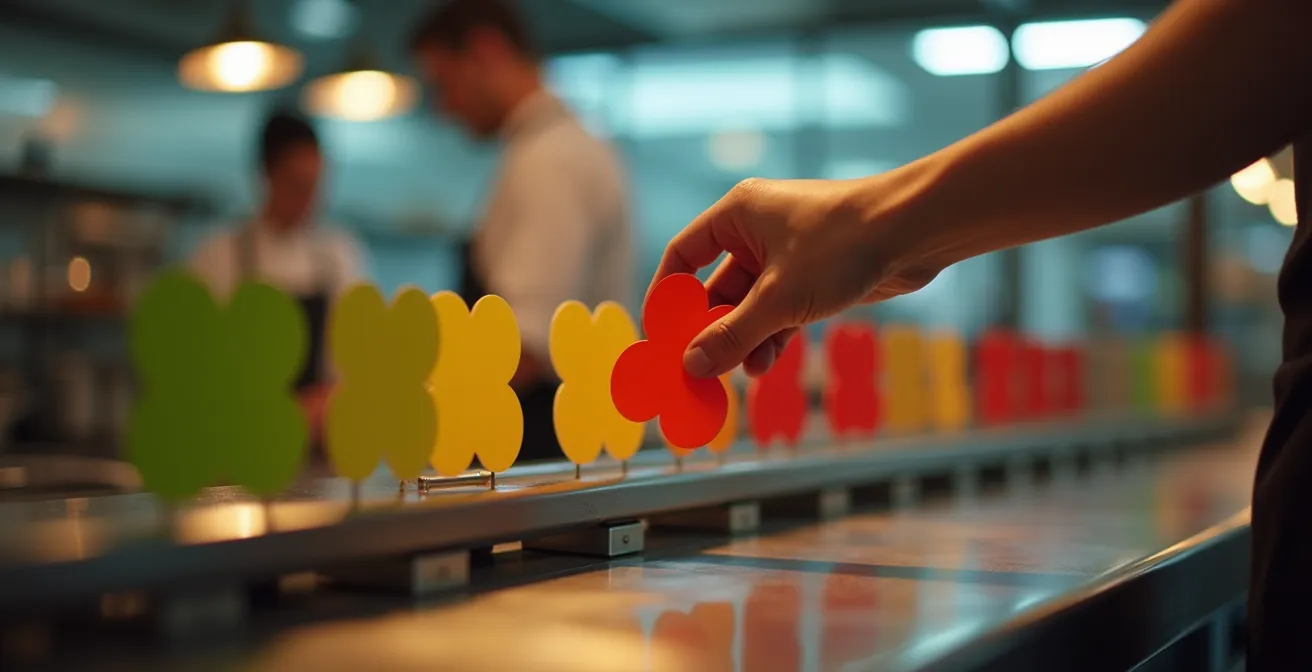 Vue rapprochée d'un système de cartes colorées sur un comptoir de service avec du personnel en arrière-plan