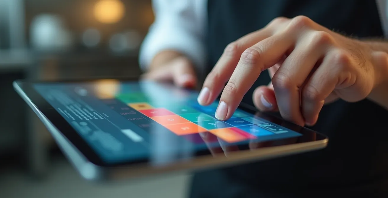 Gros plan sur une main utilisant une tablette pour saisir des relevés de température dans une cuisine