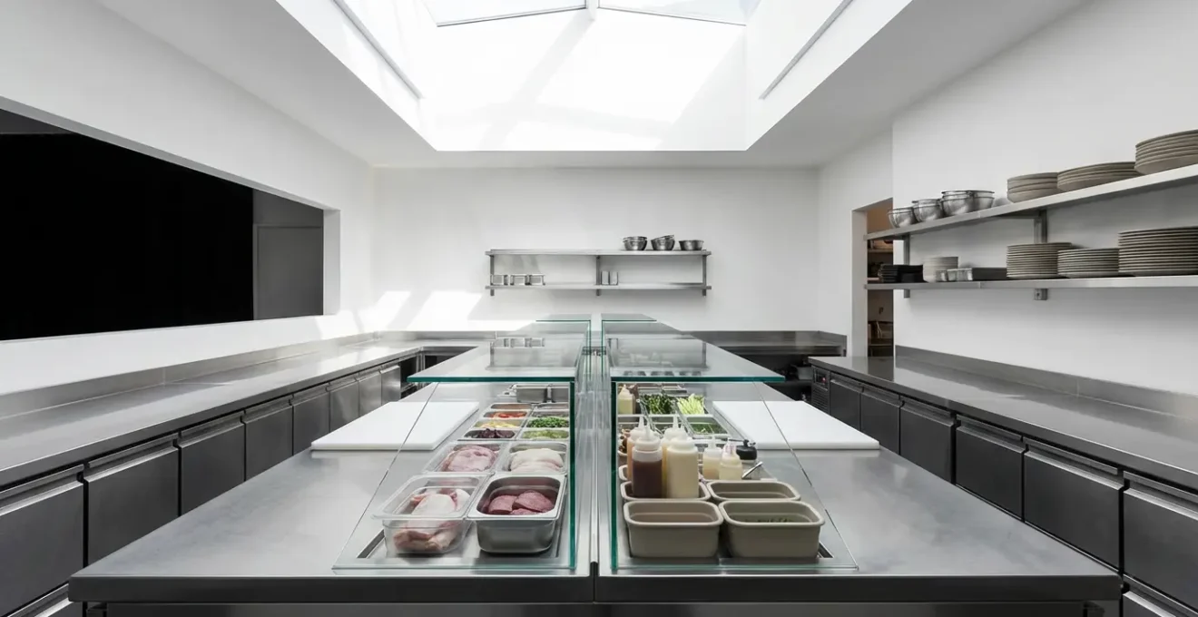Plan large d'une cuisine professionnelle montrant l'organisation spatiale pour l'assemblage minute