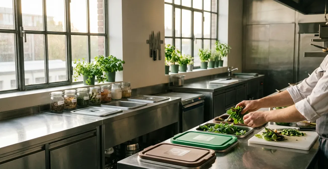 Vue panoramique d'une cuisine de restaurant moderne avec système de tri des bio-déchets intégré et stations de compostage