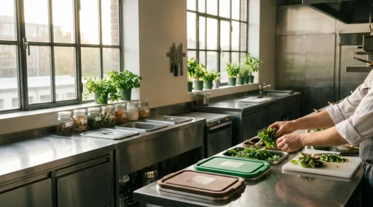 Vue panoramique d'une cuisine de restaurant moderne avec système de tri des bio-déchets intégré et stations de compostage