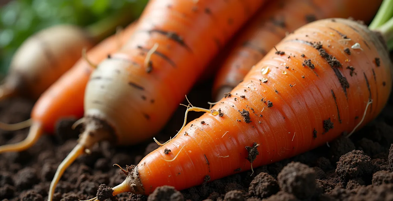 Gros plan macro sur des légumes racines terreux avec leurs textures naturelles et couleurs automnales
