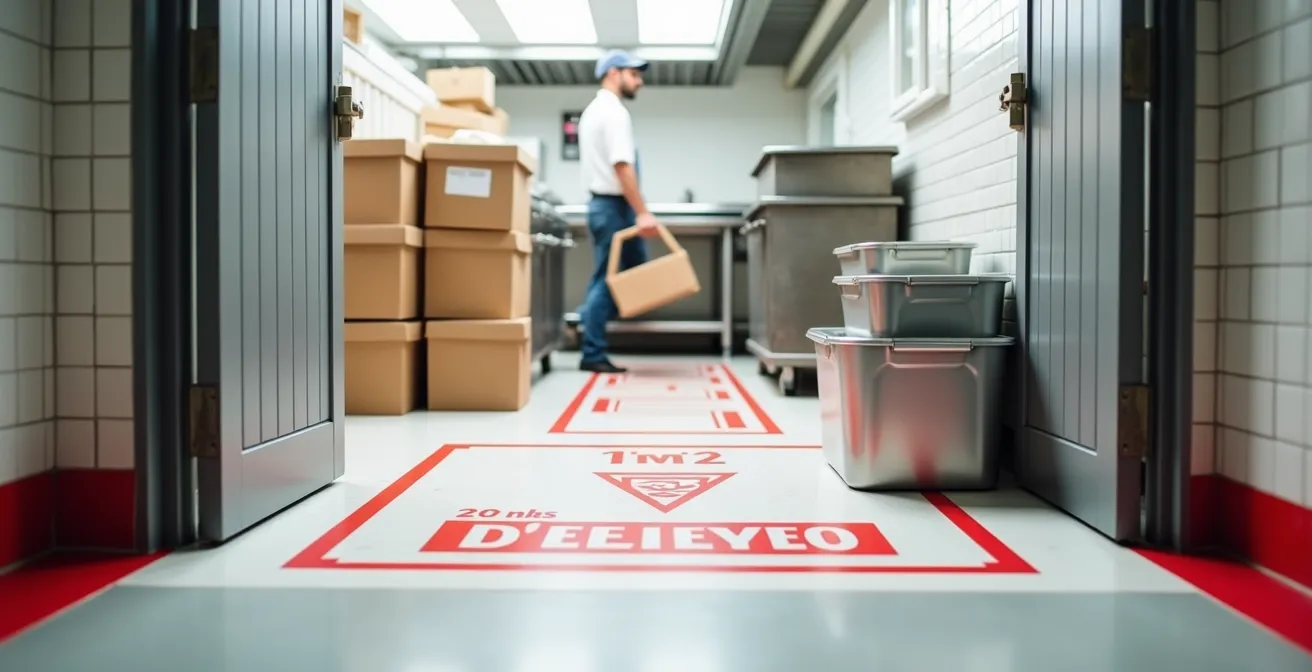 Zone de déballage avec marquage au sol rouge et bacs de transfert en inox