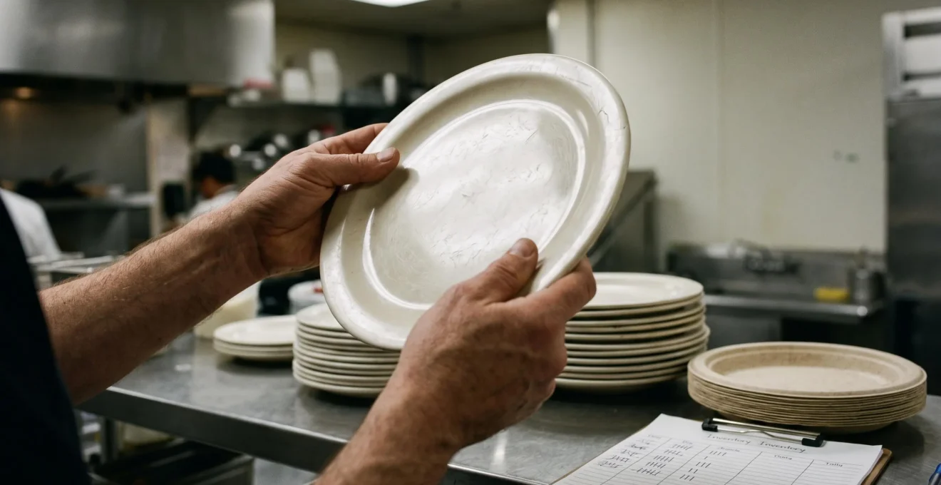 Des mains examinent une assiette en plastique réutilisable pour vérifier son usure, avec des piles d'assiettes sur un plan de travail en inox.
