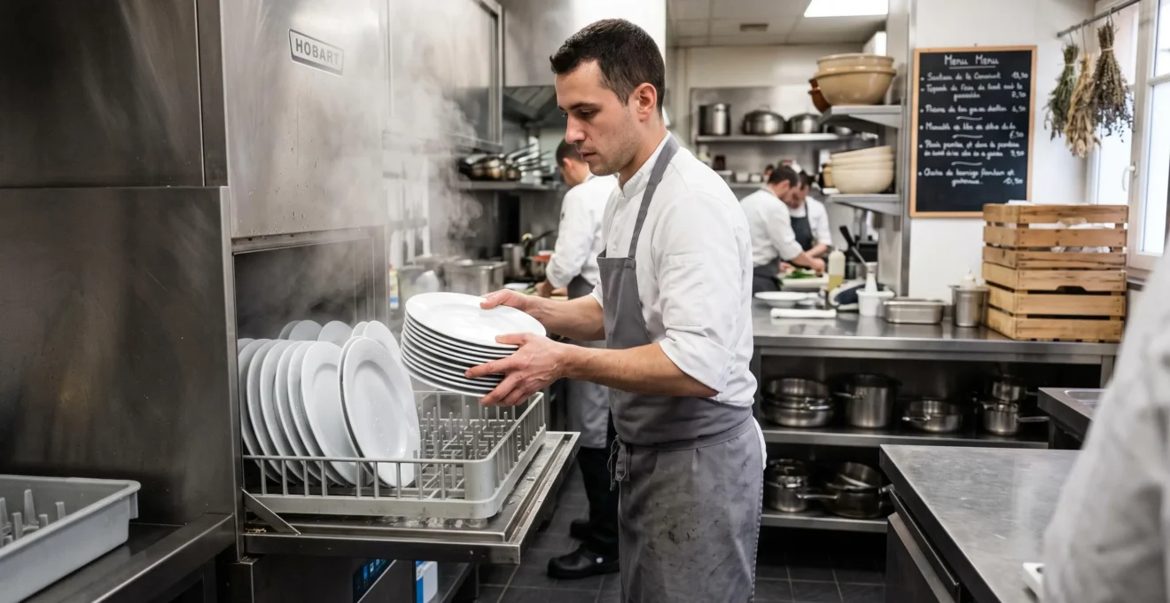 Un plongeur sort des assiettes en plastique réutilisables d'un panier de lave-vaisselle professionnel dans une cuisine de restaurant.