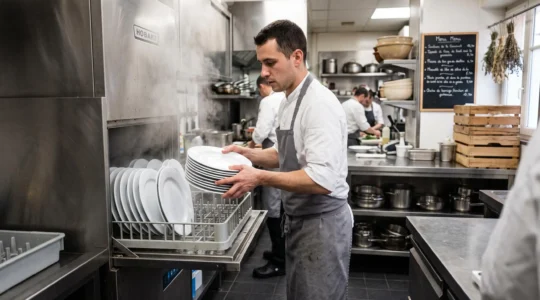 Un plongeur sort des assiettes en plastique réutilisables d'un panier de lave-vaisselle professionnel dans une cuisine de restaurant.