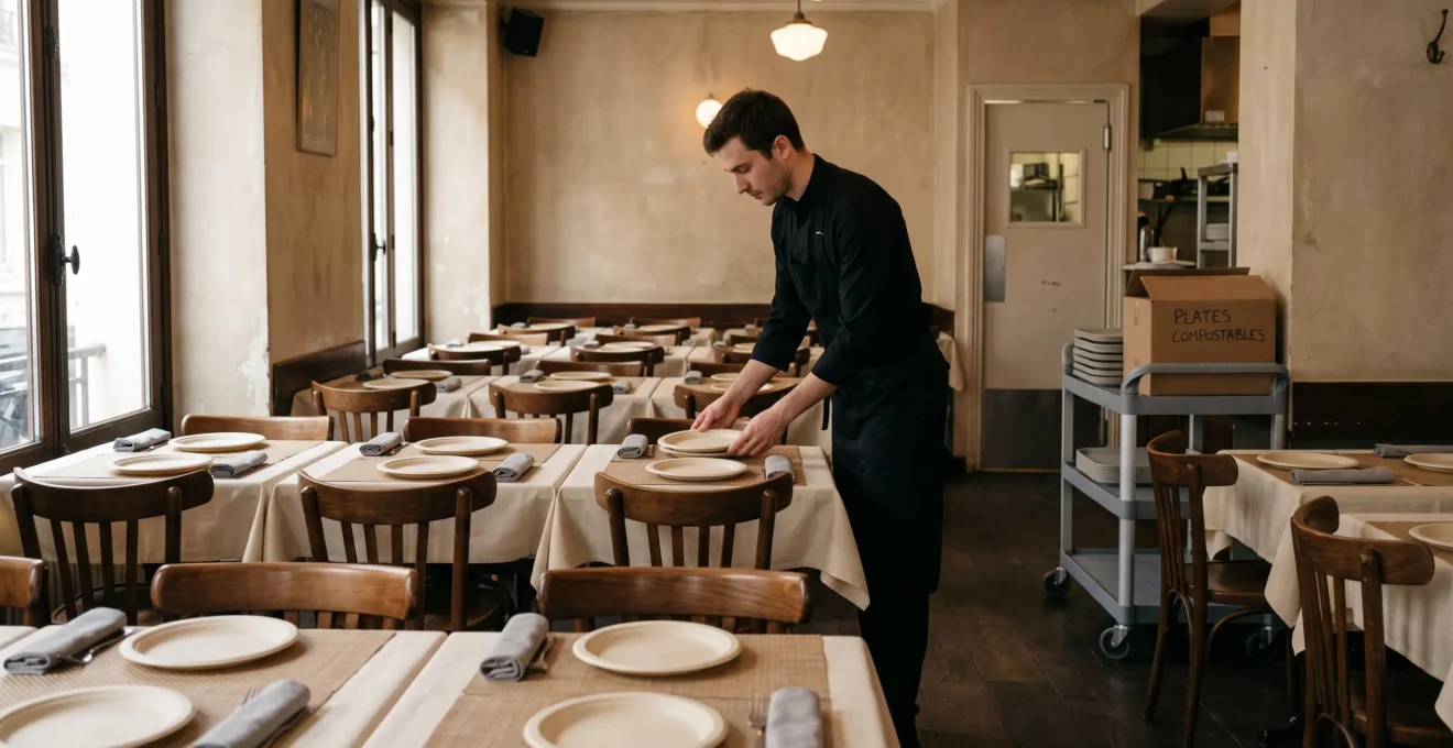 Un serveur dresse des assiettes en plastique réutilisables sur les tables d'une salle de restaurant française avant le service.